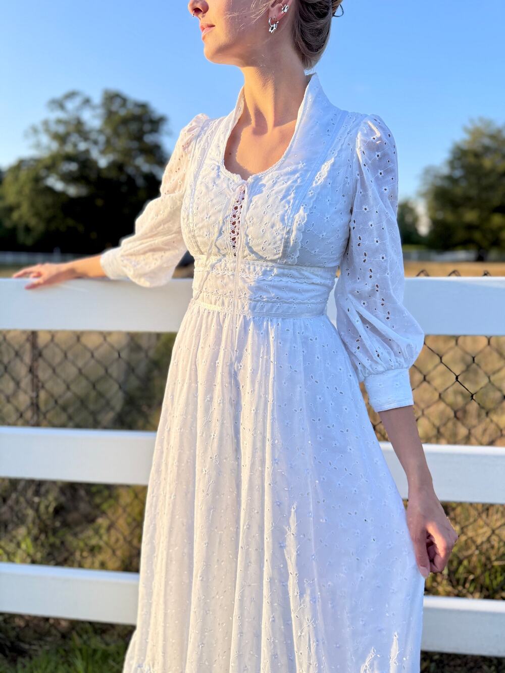 Rare Vtg 70s Gunne Sax White Eyelet Prairie Maxi Dress Portrait Collar Sz 9